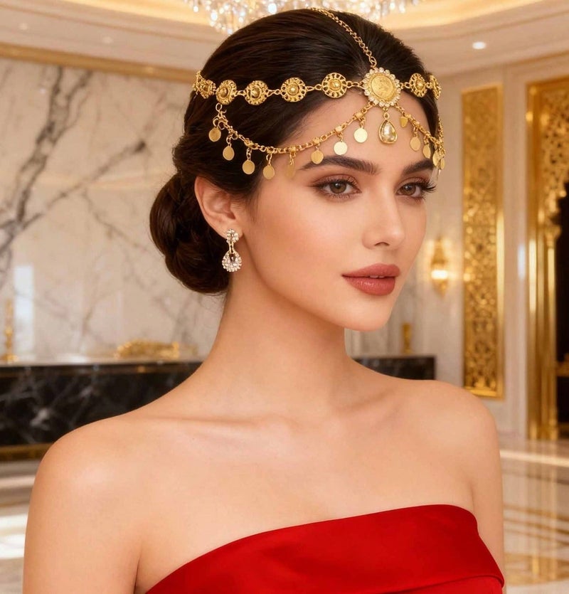 Founding Day decoration – headband accessory to celebrate Saudi Founding Day and all special occasions, featuring a gold chain design shaped like coins. - Image 2